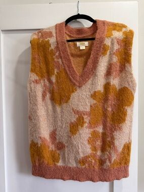 Maeve Floral V-Neck Mohair-Blend Sweater Vest in Pink & Mustard
